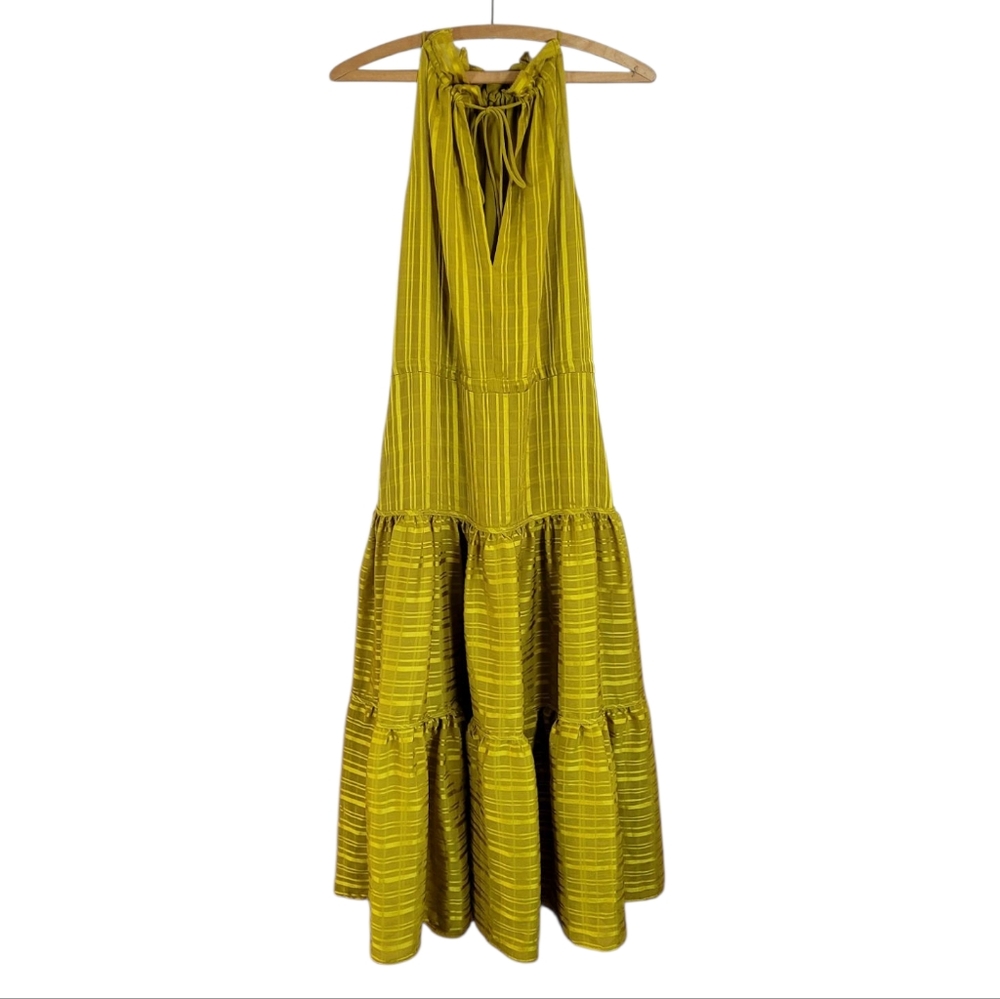 TED BAKER London Eymilia Chartreuse Tiered Halter Neck Shirred Midi Dress XS - Picture 6 of 11